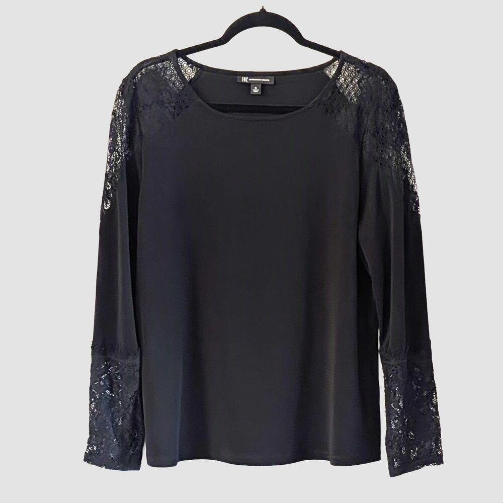 INC Black Blouse Top XL Lace Sleeves Whimsygoth Romantic Witchy